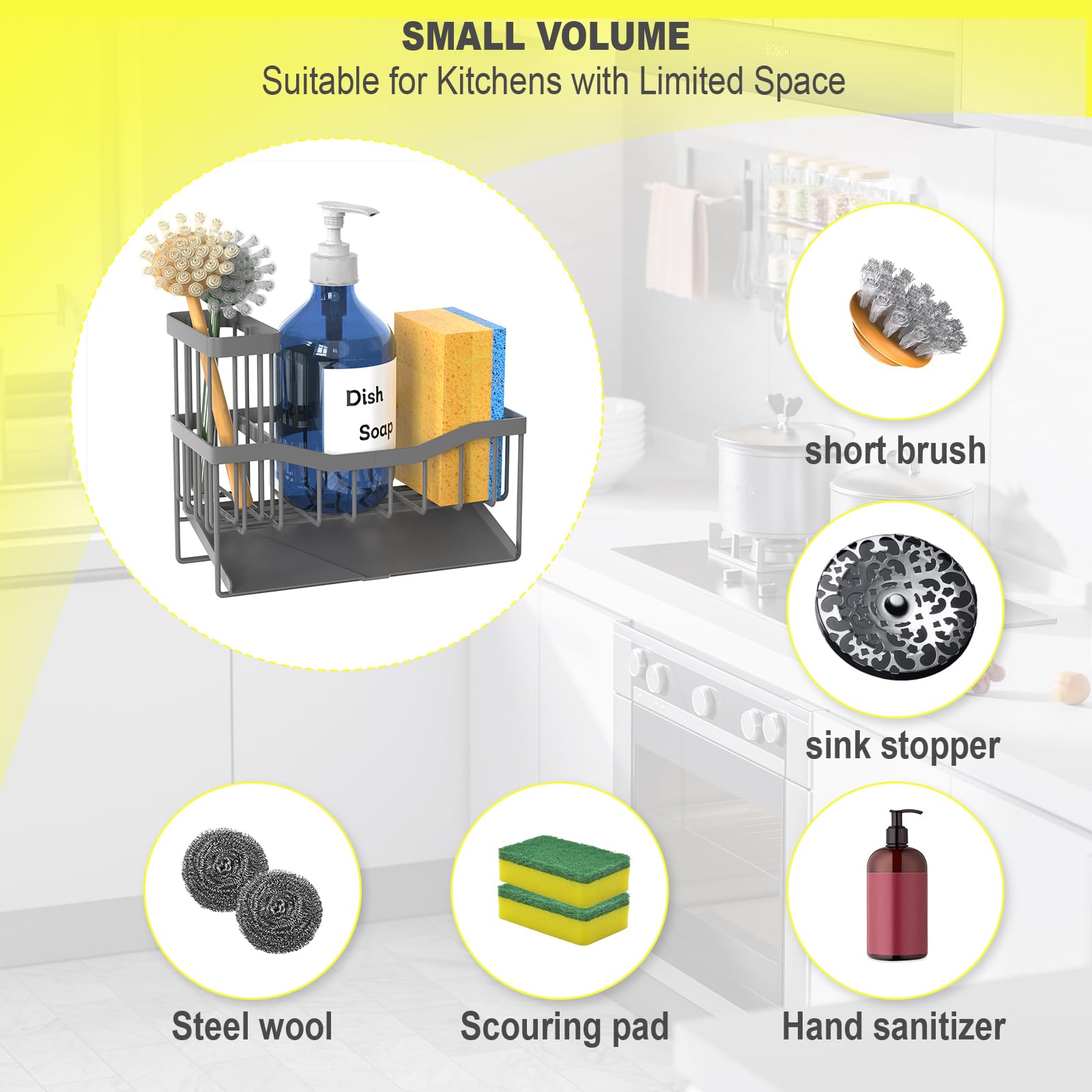 Maifan Sink Caddy Sponge Holder for Kitchen with Brush Holder and Stainless Steel Self Drain Tray