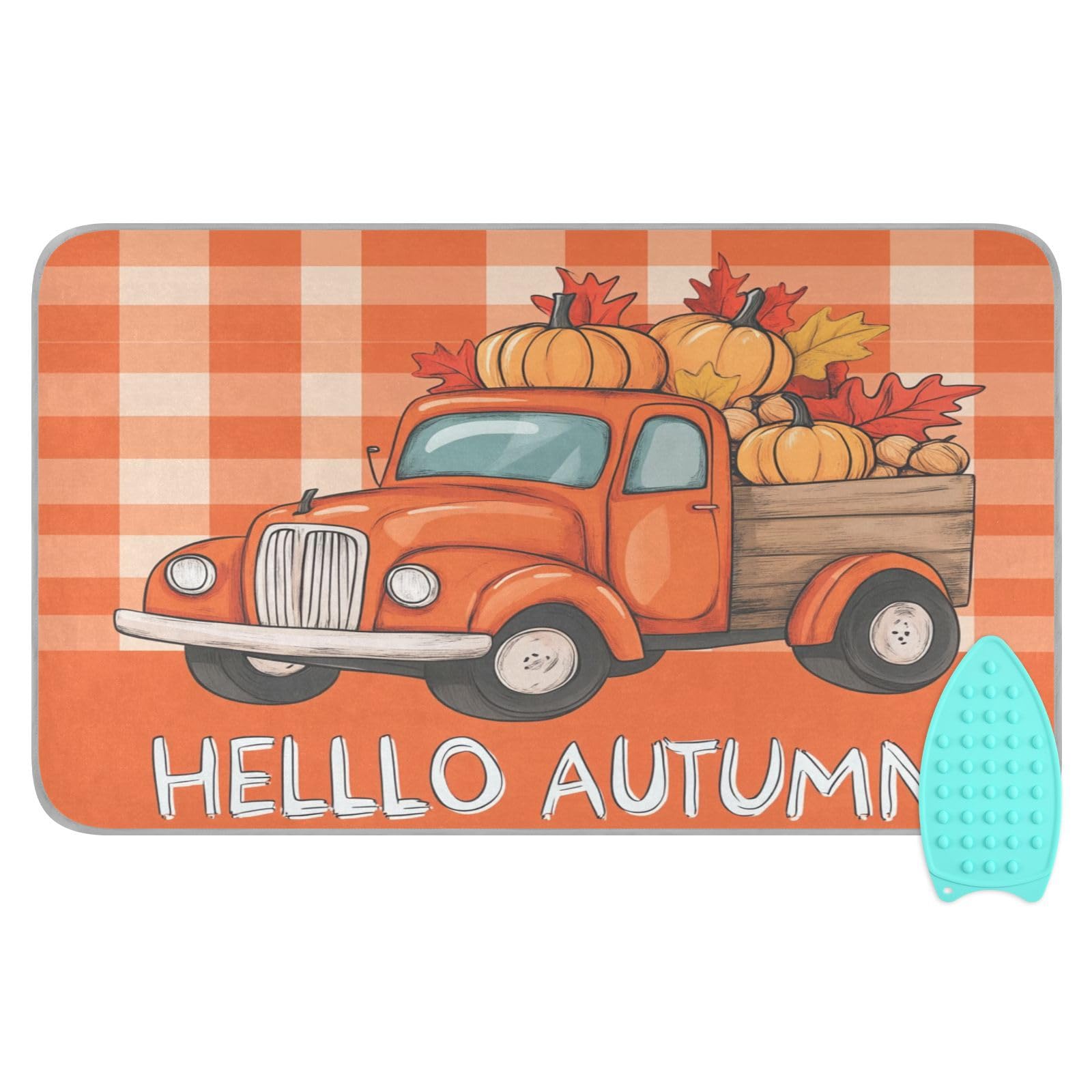 Autumn Truck Pumpkin Leaves Ironing Mat Portable Ironing Pad Blanket with Silicone Iron Rest for Table Top Travel Heat Resistant Double