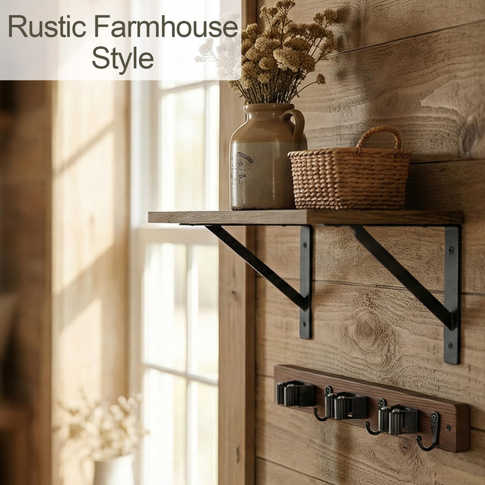 Broom and Mop Organizer Wall Hanging with Cleaning Supplies Organizer Shelf Rustic Farmhouse Wood Broom Mop Holder Storage Rack for Laundry Room Garage