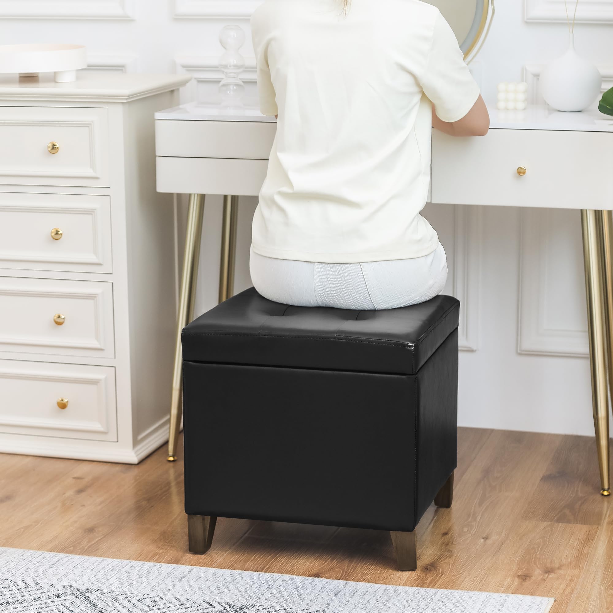 Black Faux Leather Storage Ottoman Bench with Tufted Top & Solid Wood Legs