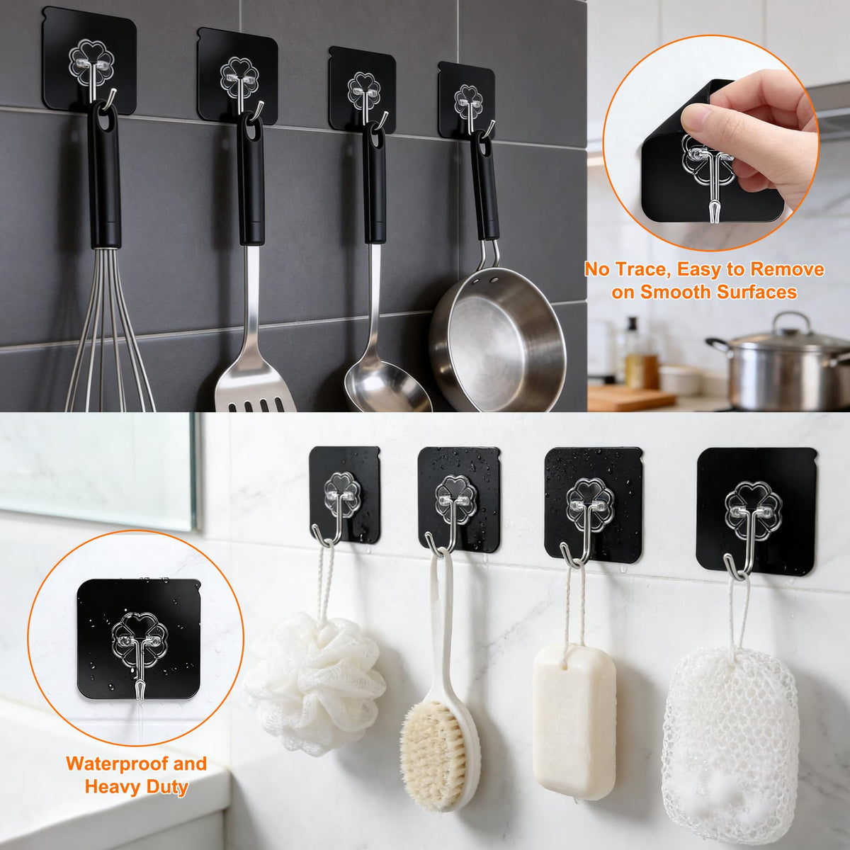 Black Heavy Duty Adhesive Hooks 2026 Upgraded 50lbs（Max） Sticky Wall Hooks for Hanging 12 Pack No Damage Hook Strong Waterproof Bathroom (12 Count)