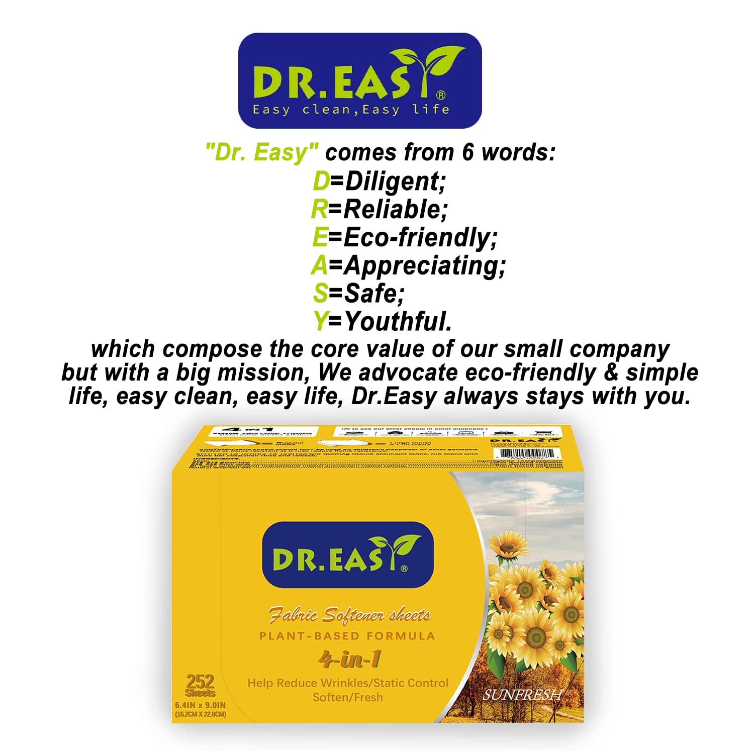 DR.EASY Dryer Sheets Plant Based Formula 252 Ct Fabric Softener sheets for Laundry Sunfresh Essential Oil Scented No Artificial Fragrances No Dyes Reduce Static & Wrinkles Help Repel Pet Hair (252 Count)