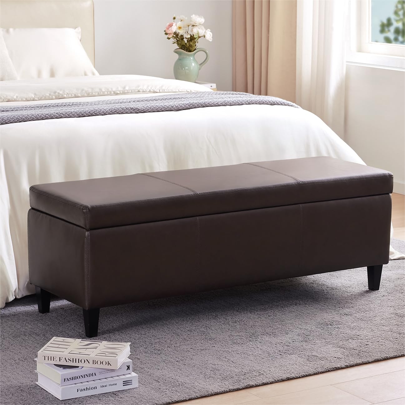 Faux Leather Storage Ottoman Bench 50.3 Inch Extra Long PU Upholstered Bedroom Bench with Large Storage Space for The Living Room