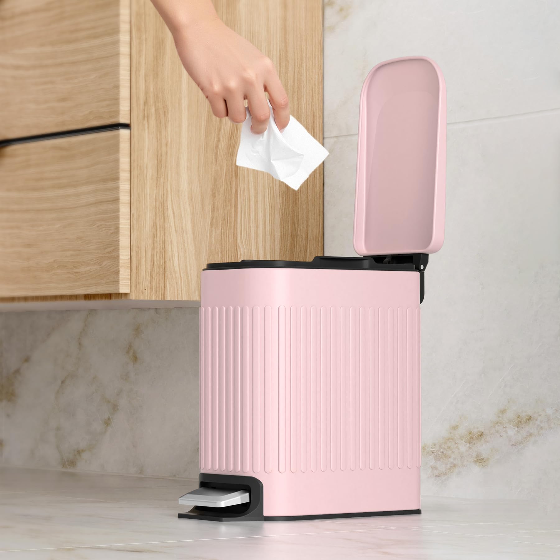 Slim Bathroom Trash Can with Lid Soft Close & Pedal