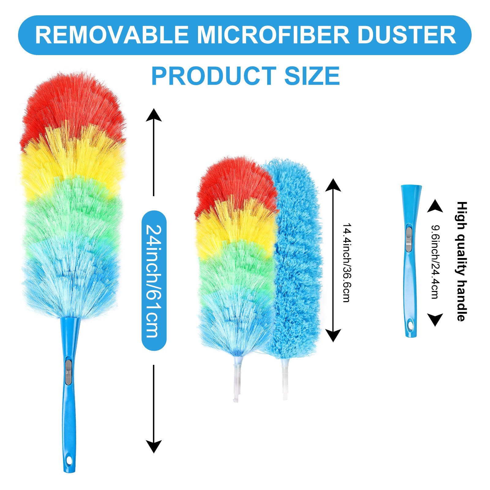 Rainbow Static Duster 24inch Reusable Microfiber Electrostatic Dusters with 2 Beandable and Washable Duster Head for Cleaning Home