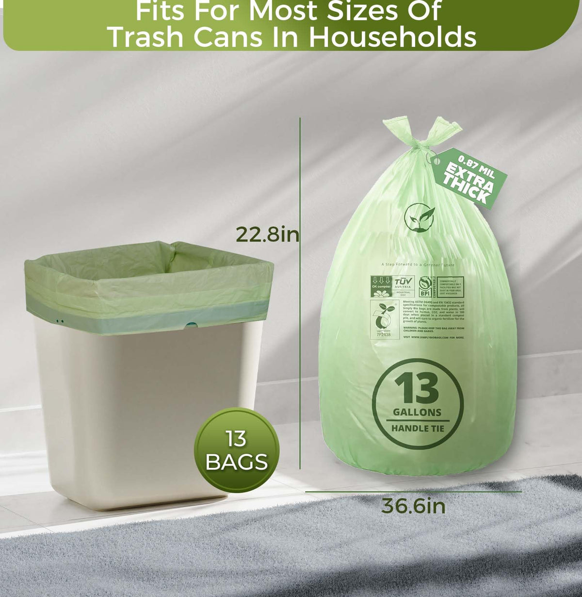 13 Gallon Compostable Trash Bags with Handle (30 Count)
