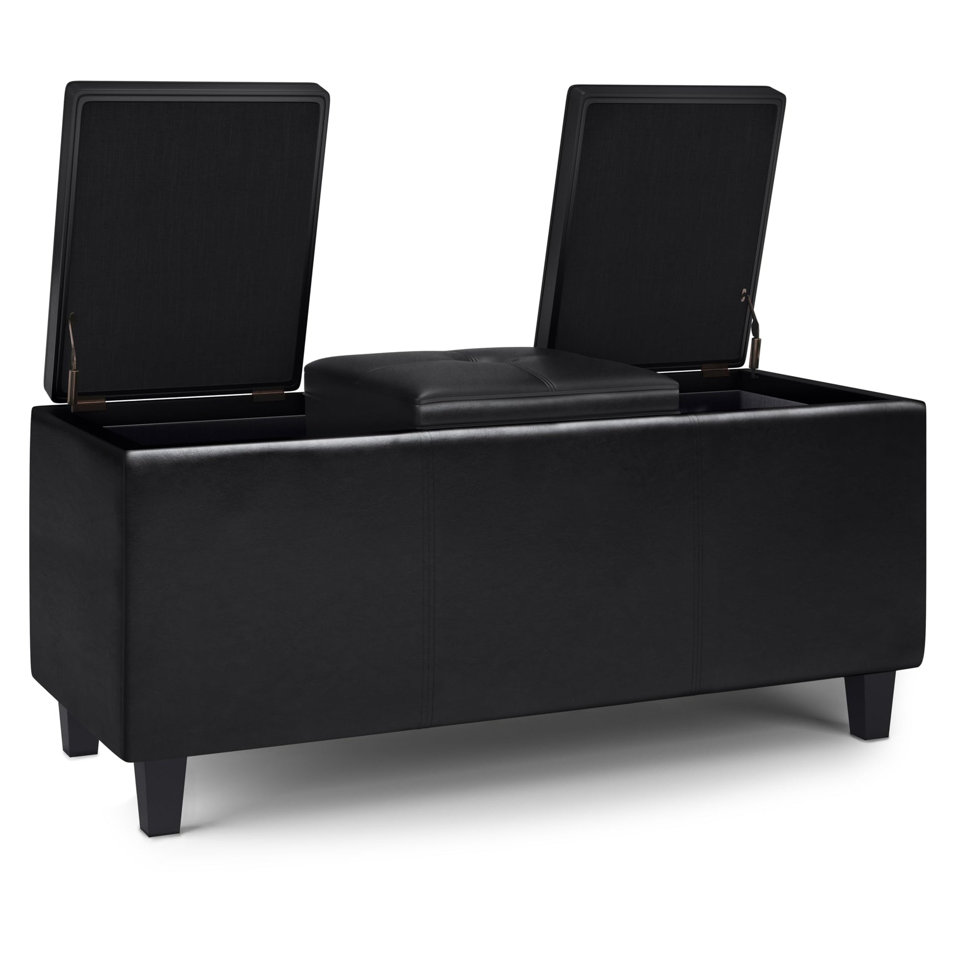 Avalon 42 inch Wide Contemporary Rectangle Tray Storage Ottoman with Lift Up Lids in Midnight Black Vegan Faux Leather
