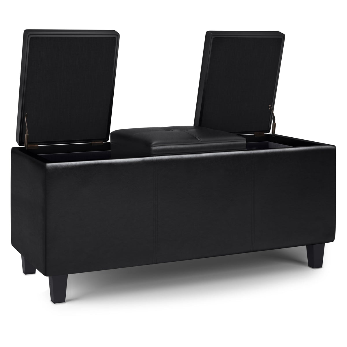 Avalon 42 inch Wide Contemporary Rectangle Tray Storage Ottoman with Lift Up Lids in Midnight Black Vegan Faux Leather