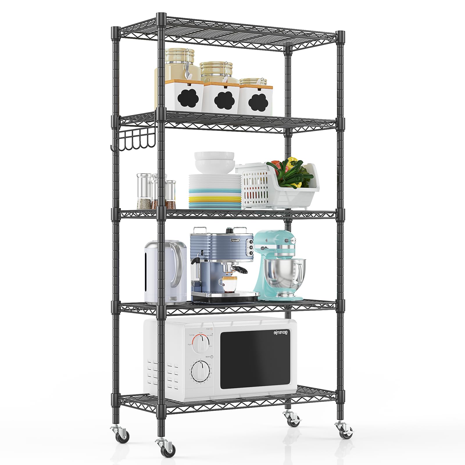 5 Tier Storage Shelf Wire Shelving Unit on Wheels Heavy Duty Metal Shelves Adjustable Steel Rack Organization for Kitchen Garage Basement (5 Count)