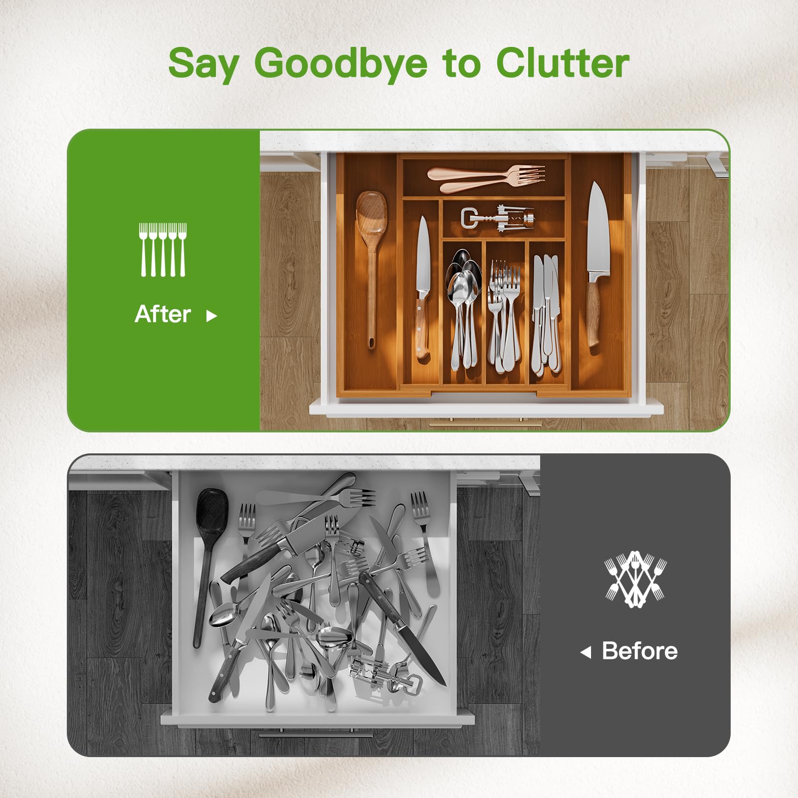 Bamboo Expandable Drawer Organizer for Utensils Holder