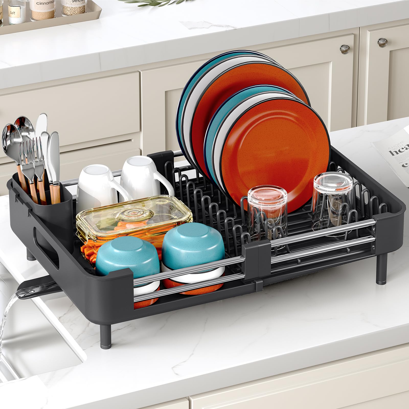 Expandable Dish Drying Rack with Cutlery Holder