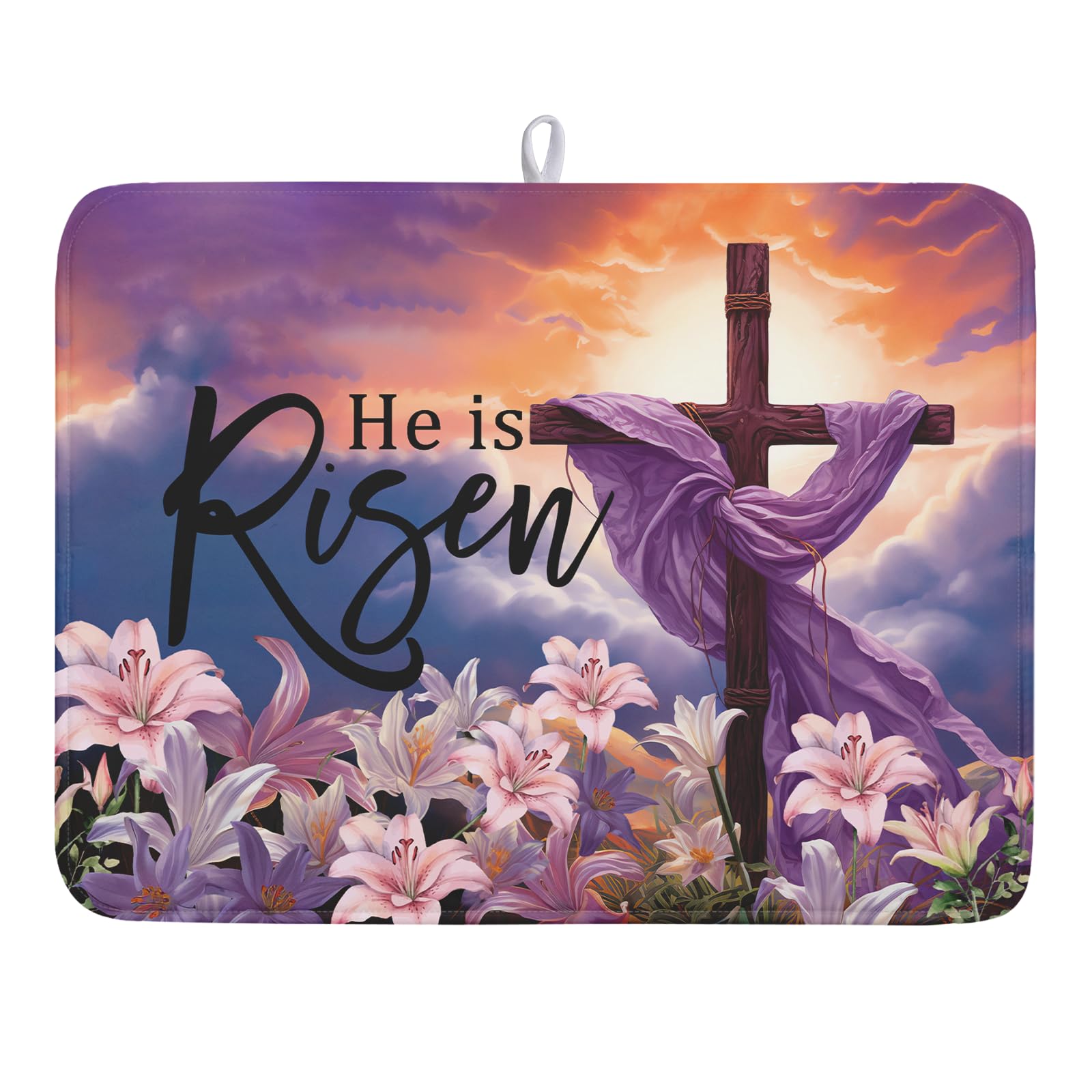 Easter Cross He is Risen Dish Drying Mats 18x24 Inch Spring Drying Mat Absorbent Microfiber Dishes Pad Easter Lily Flowers Dish Drainer Mat Protector for Kitchen Countertops Fast Dry Tableware