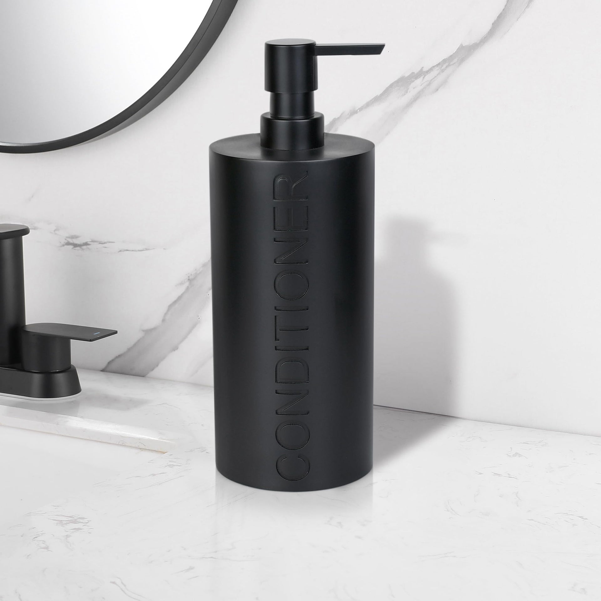 Matte Black Conditioner Dispenser Luxurious Refillable Pump Bottle with Black Resin Pump and Embossed Text