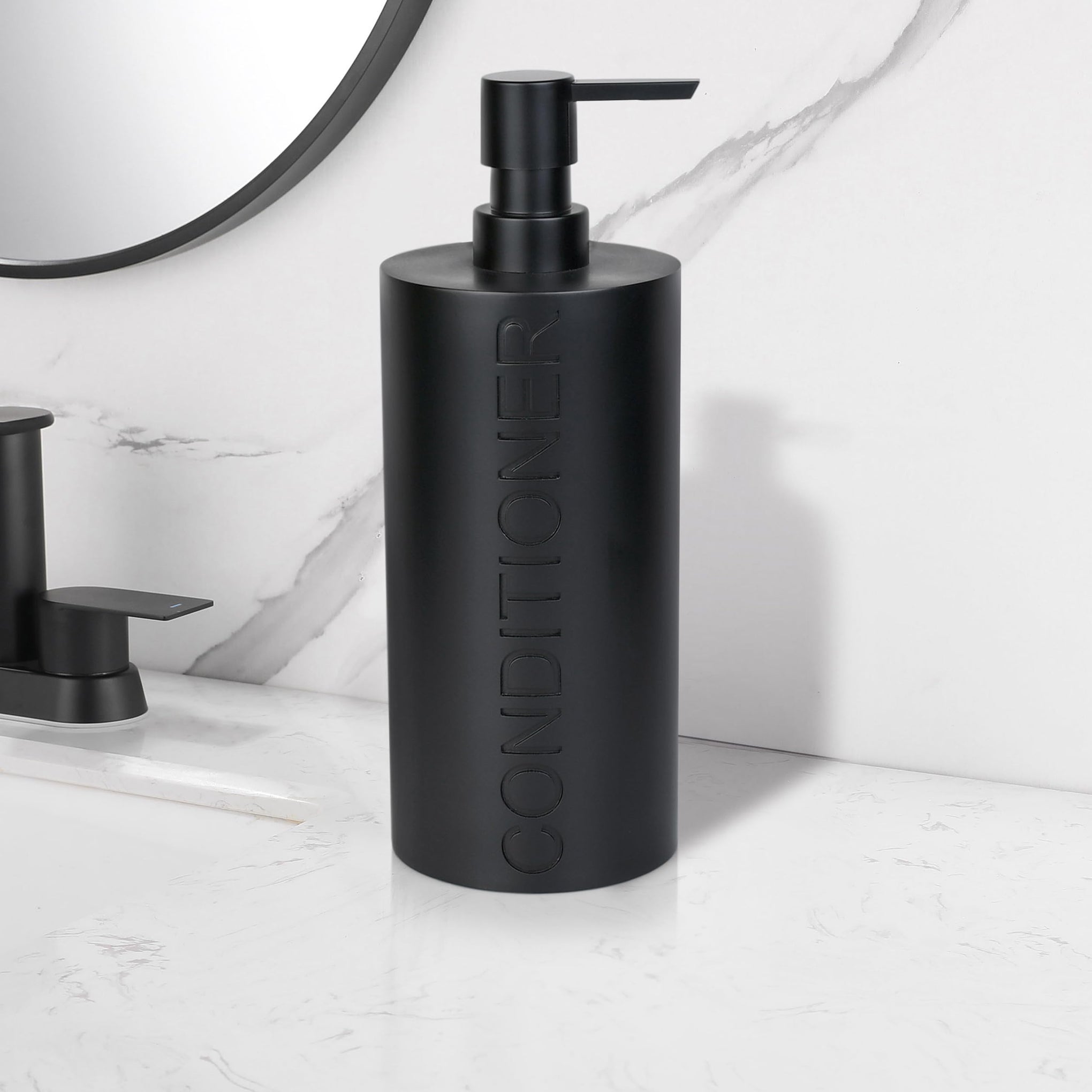 Matte Black Conditioner Dispenser Luxurious Refillable Pump Bottle with Black Resin Pump and Embossed Text
