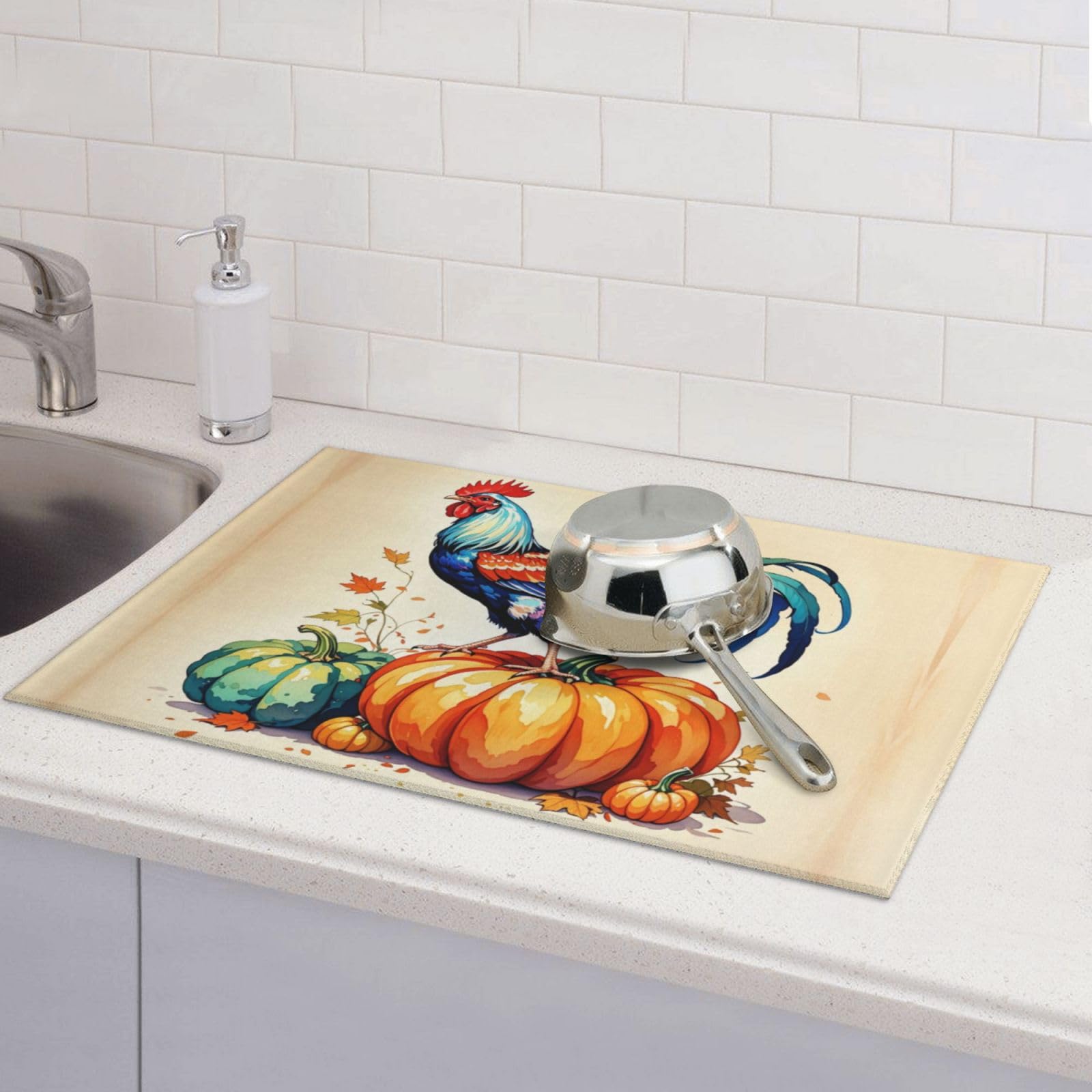 Rooster Pumpkin Dish Drying Mat Highly Absorbent Double