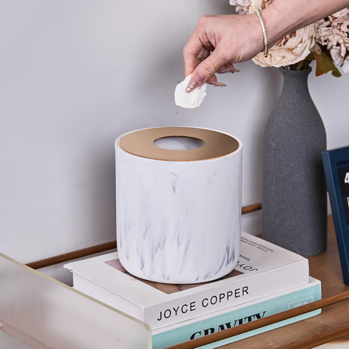 White Marble Textural Mini Trash Can with Rose Gold Stainless Steel Lid