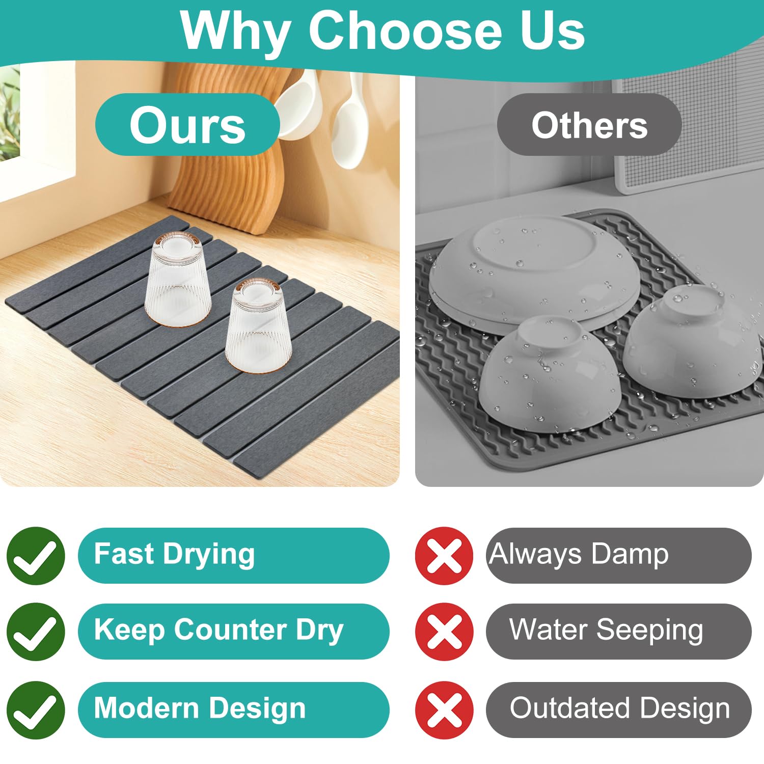 3Pcs Water Absorbing Stone Drying Mats for Kitchen Counter Diatomite Dish