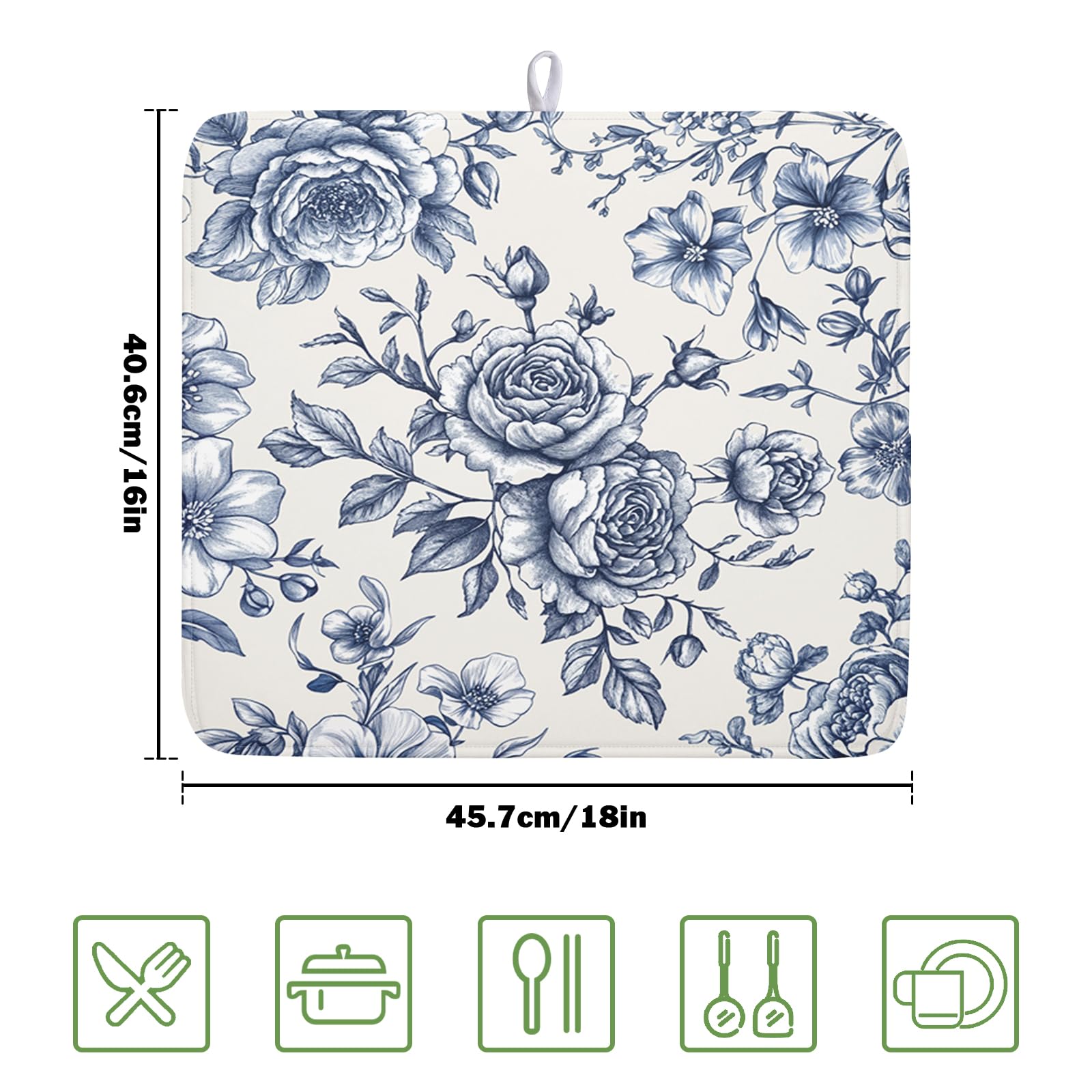 Vintage Floral Dish Drying Mat for Kitchen Counter Blue Floral Chinoiserie Pattern Dish Drying Pad 16x18 In Absorbent French Farmhouse Decor Dishes Drainer Pad Dish Dry Rack Mat for Counter Coffee Bar