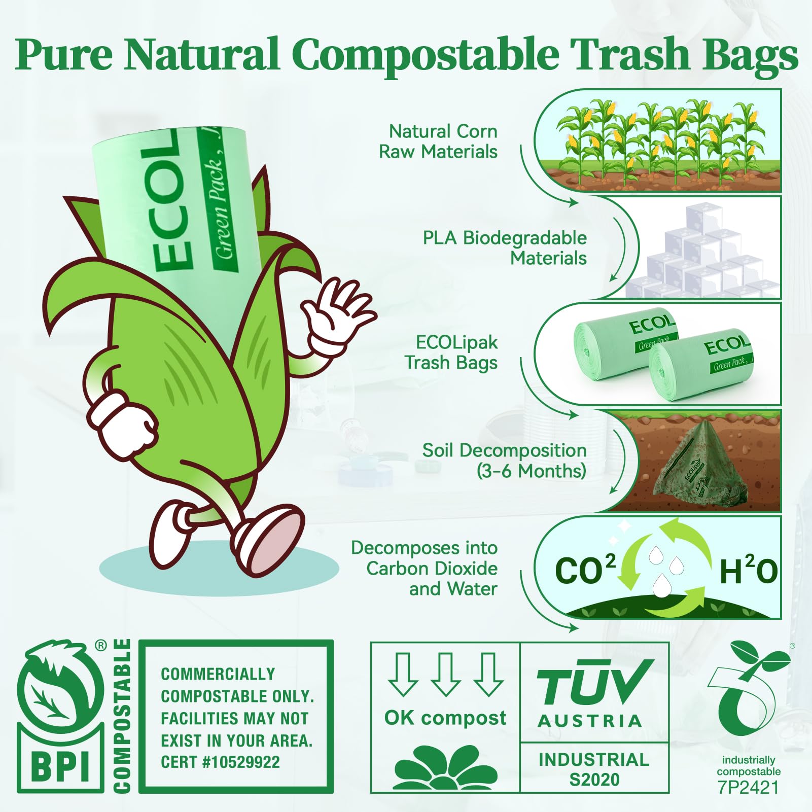 13 Gallon 50 Count Compostable Kitchen Trash Garbage Bags