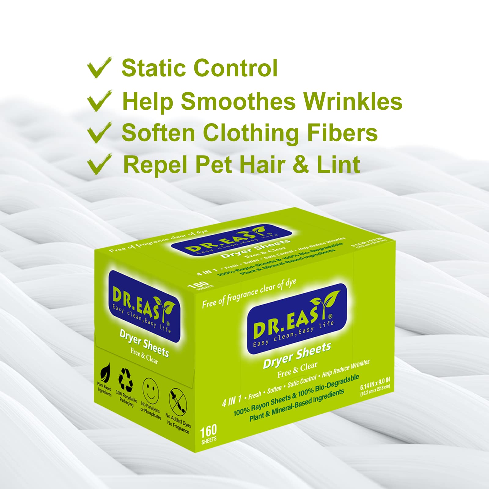 Dr.Easy Dryer Sheets Free & Clear Plant Based all ingredients for Sensitive Skin 160 Ct 100% Rayon Fabric Softener sheet unscented & no dyes Reduce Static & Wrinkles Soften Clothes Help Repel Pet Hair (160 Count)