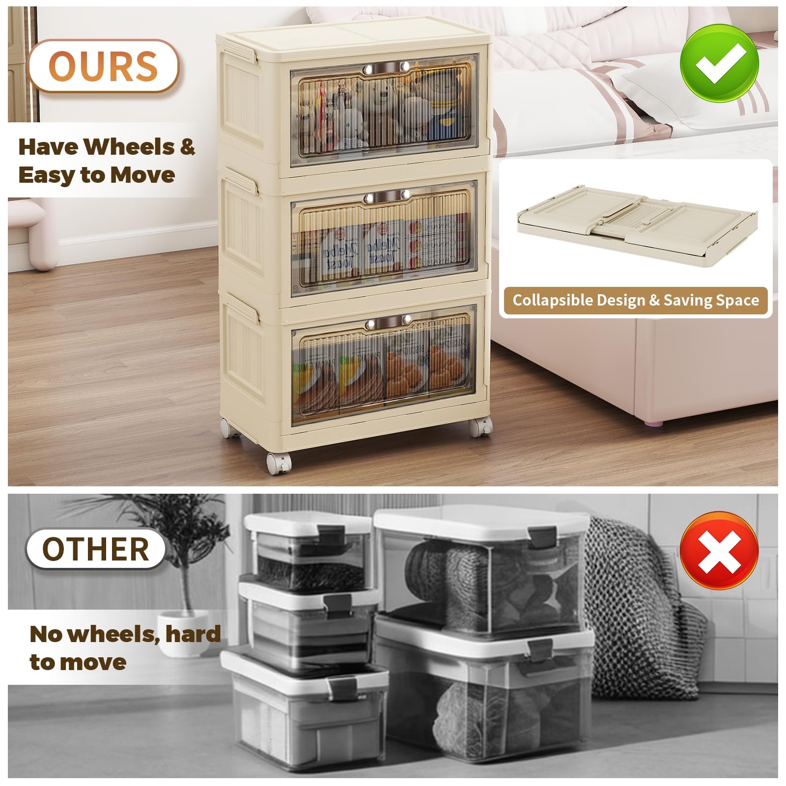 3 Tier Stackable Storage Bins with Lid and Wheels (3 Count)