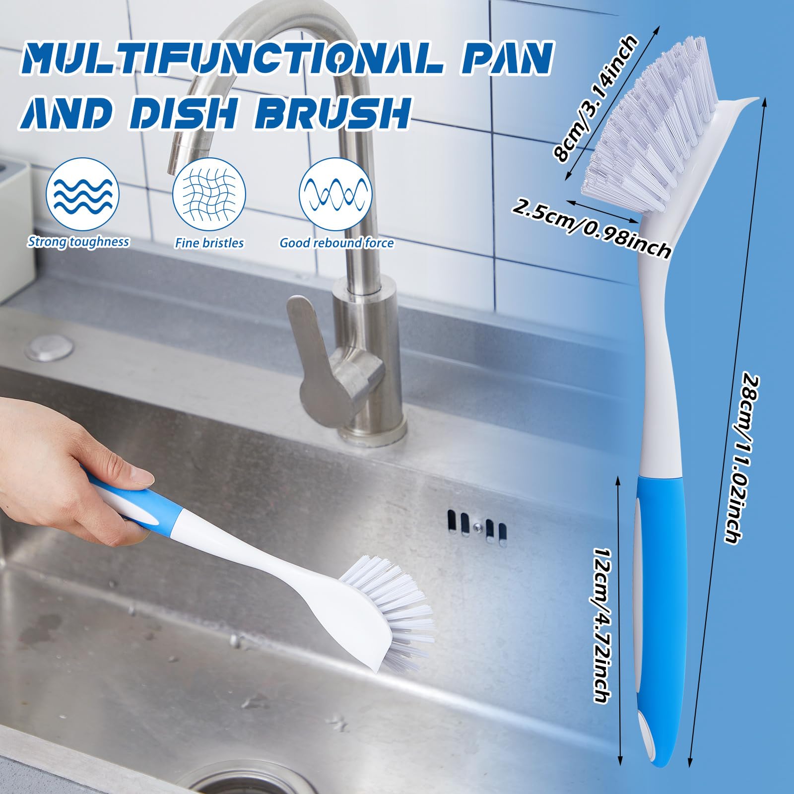 6 Pcs Blue Kitchen Scrub Dish Brush Bulk with 11 Inch Handle Cleaning Dish Scrubber with Stiff Bristles Washing Scrub Brushes for Housekeeping for Pots and Pans (6 Count)