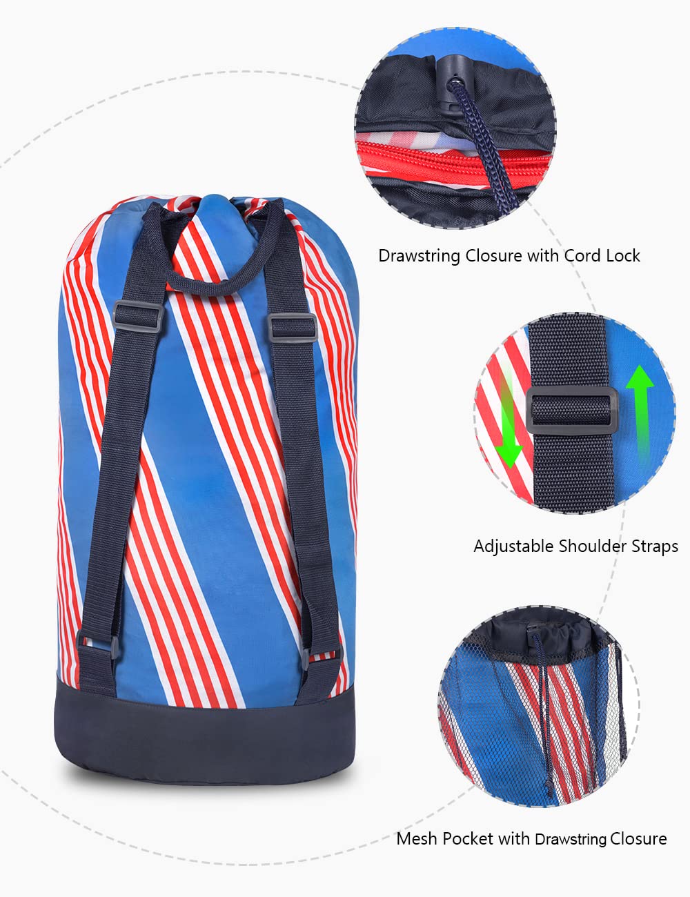 Backpack Laundry Bag with Shoulder Straps and Mesh Pocket Durable Nylon Clothes Hamper Bag with Drawstring Closure for College