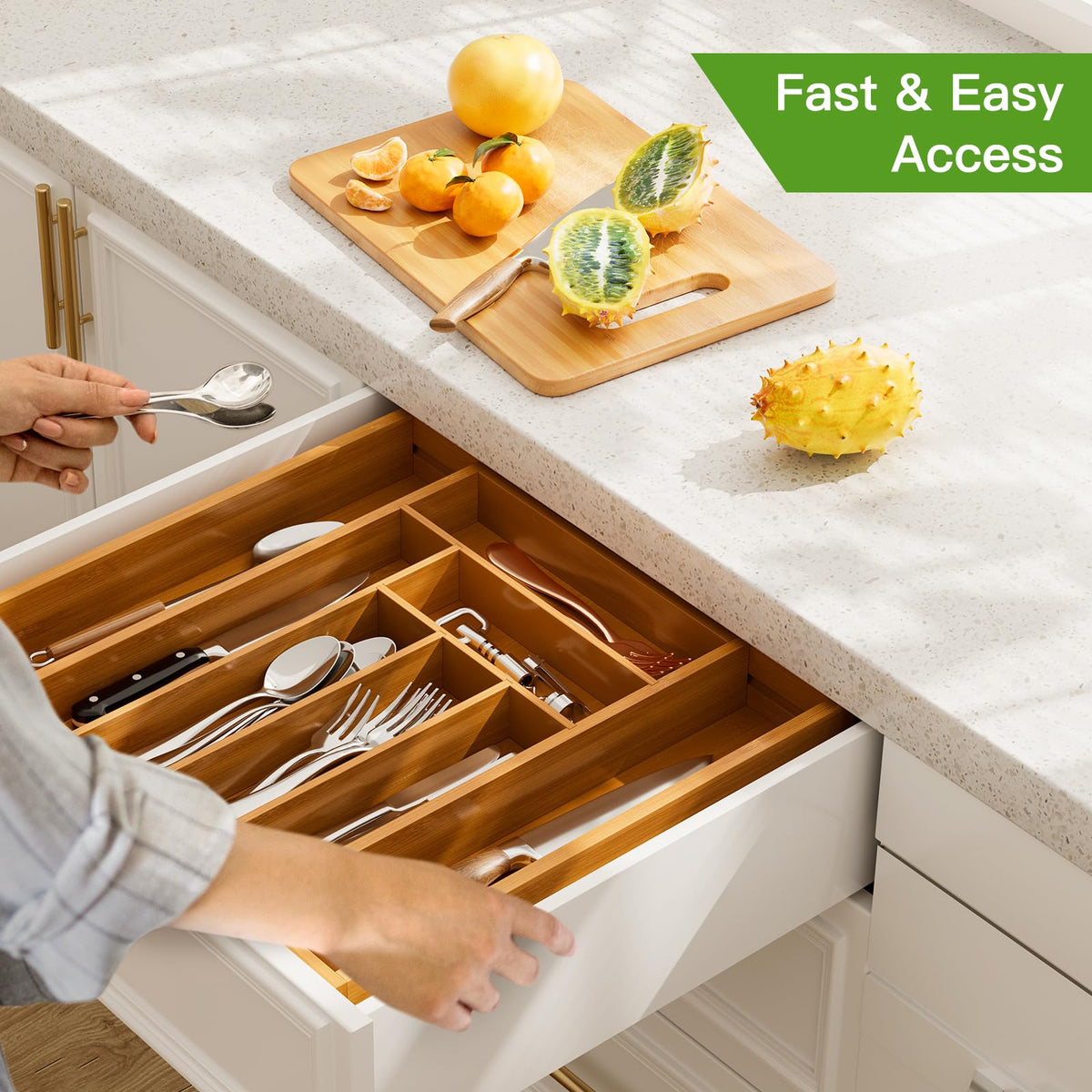 Bamboo Expandable Drawer Organizer for Utensils Holder