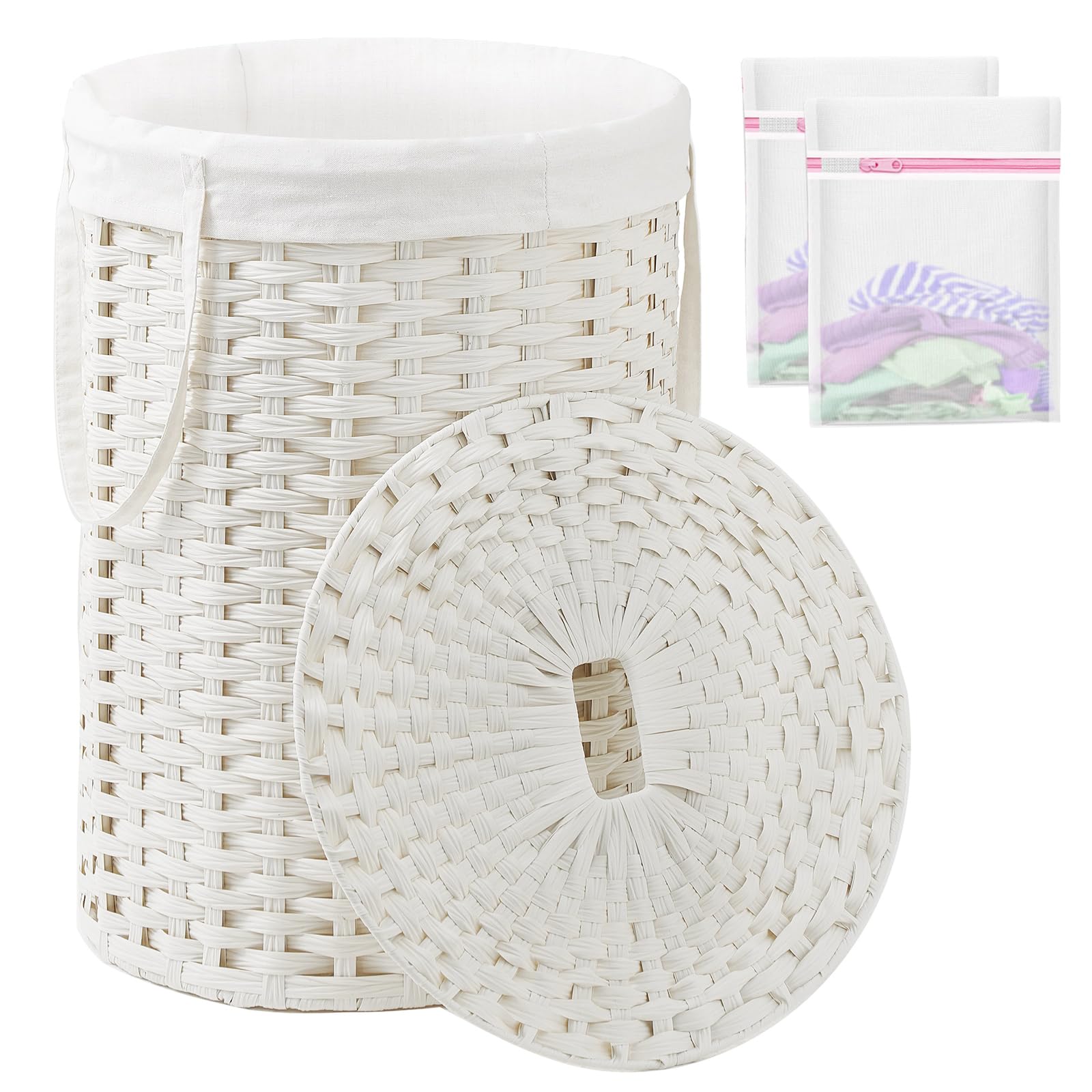 Laundry Basket with Lid Round PE Rattan Laundry Hamper