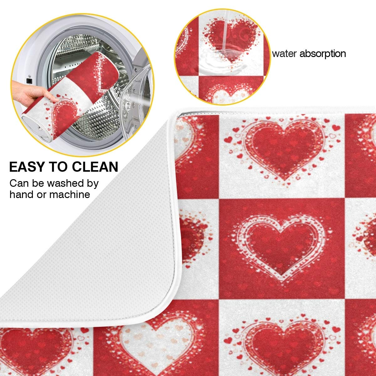 Valentine's Day Love Heart Red Buffalo Plaid Dish Drying Mat 16x18 for Kitchen Mother's Day Rose Pink Flowers Dishes Pad Dish Drainer Rack Mats Absorbent Fast Dry Kitchen Accessories