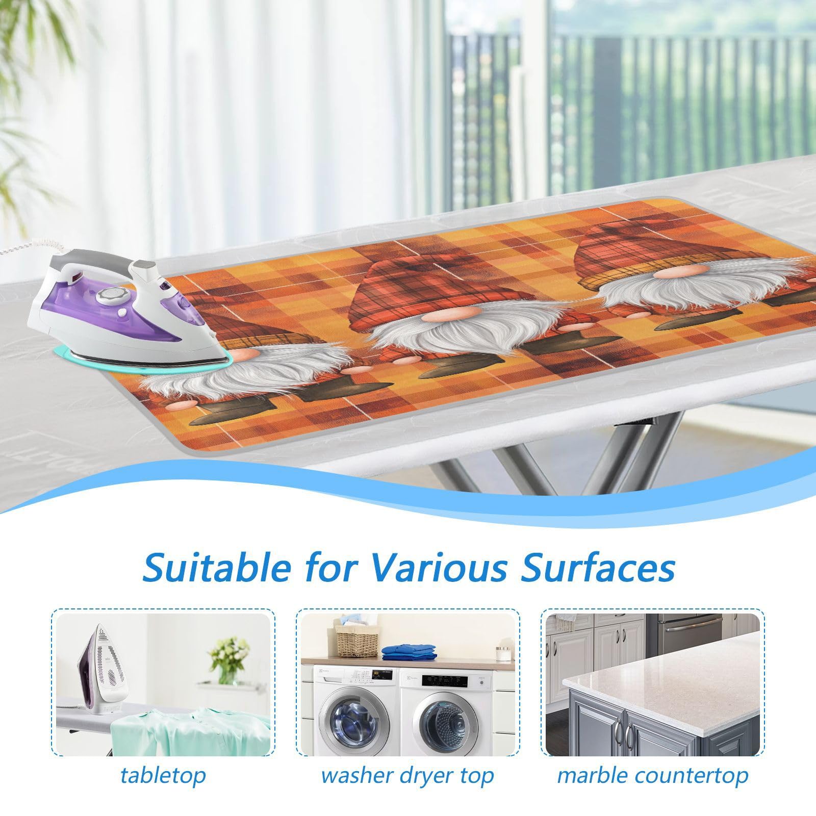 Orange Plaid Thanksgiving Gnomes Ironing Mat Thickened Ironing Blanket Travel Portable Double