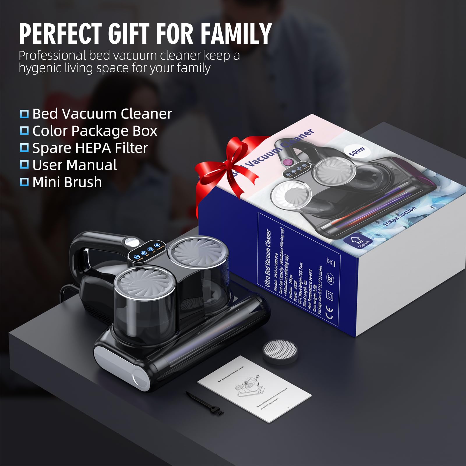 Mattress Vacuum Bed Vacuum Cleaner 16Kpa Suction 253.7nm UV