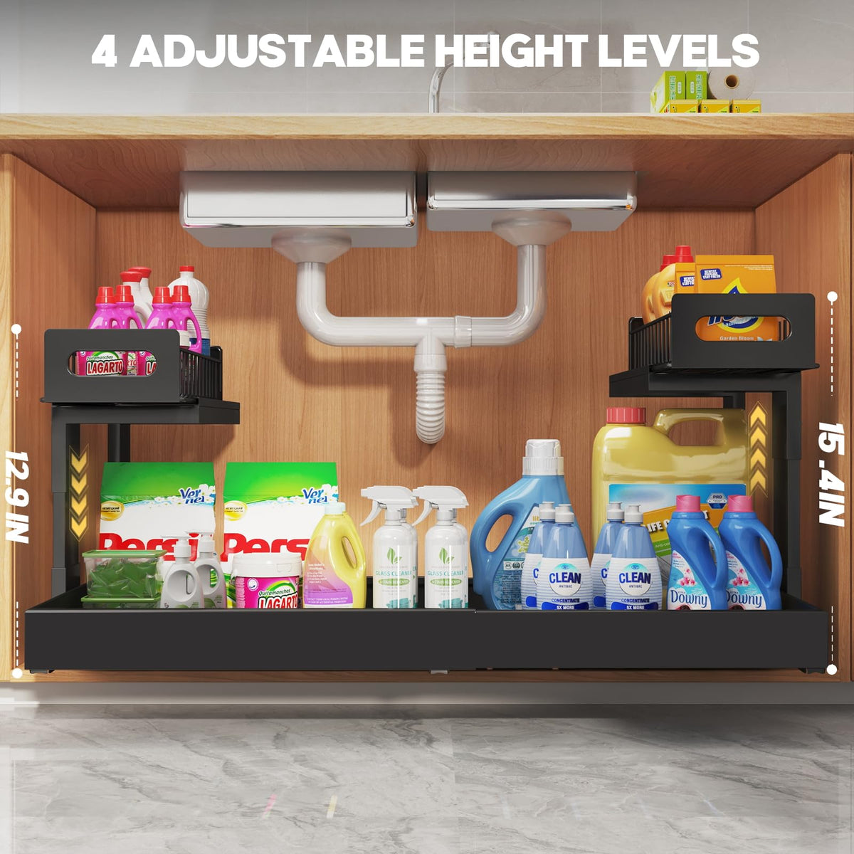 1 Pack-19"-32"W Expandable Under Sink Organizer With Upgrade Ball-Bearing Slide,2-Tier Pull Out Under Cabinet Organizer Height Adjustable,Not Suitable For Cabinets With Partitions In The Middle