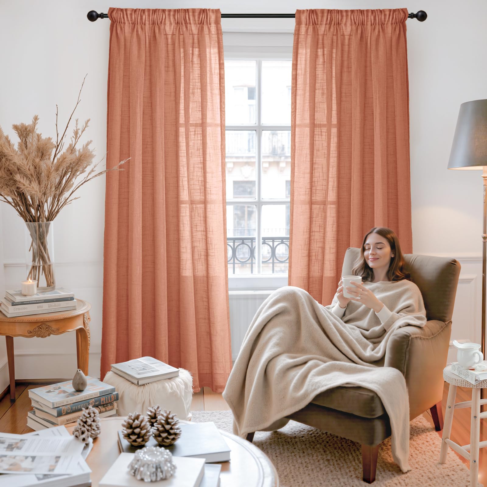 Burnt Orange Linen Semi Sheer Curtains 84 Inches Long for Living Room (2 Count)