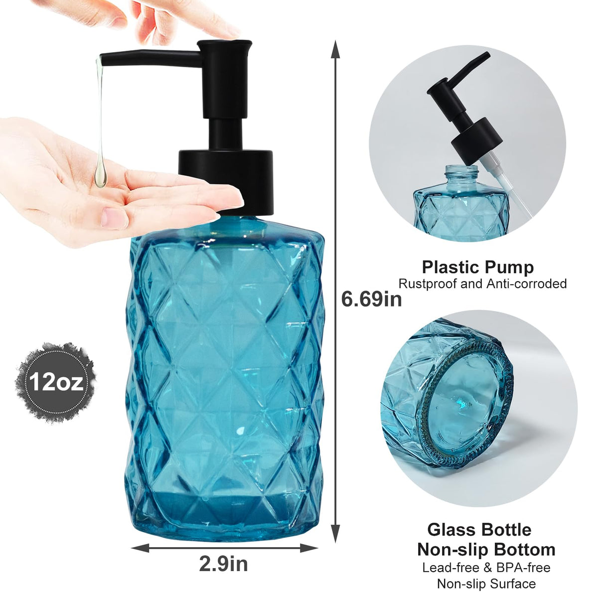 Blue Glass Soap Dispenser with Black Plastic Pump