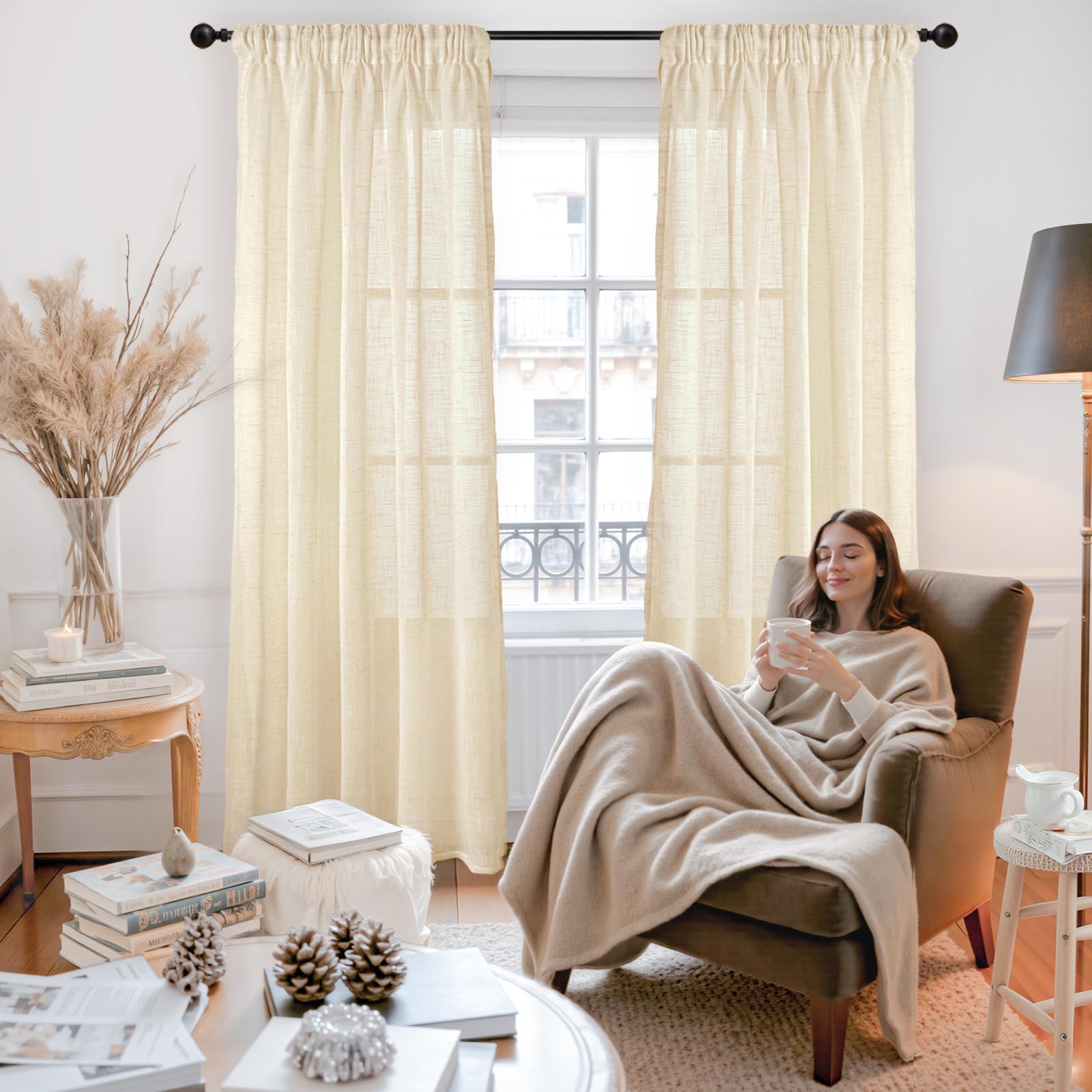 90 Inches Long Linen Semi Sheer Curtains for Living Room 2 Panels (2 Count)