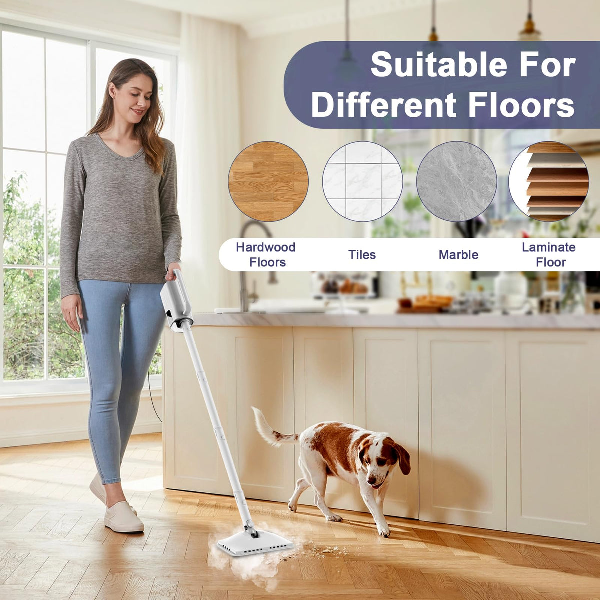 6-in-1 Steam Mop, 1200W Rotated Steam Cleaner for Home, 2 Modes, 400ML Removable Tank, 23FT Power Cord, 2 Pads, Multi-Surface Steamer for Hard Floor, Laminate Floor, Tiles Cleaning (White Silk)
