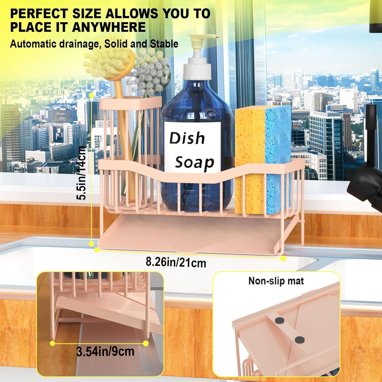 Maifan Sink Caddy Sponge Holder for Kitchen with Brush Holder and Stainless Steel Self Drain Tray