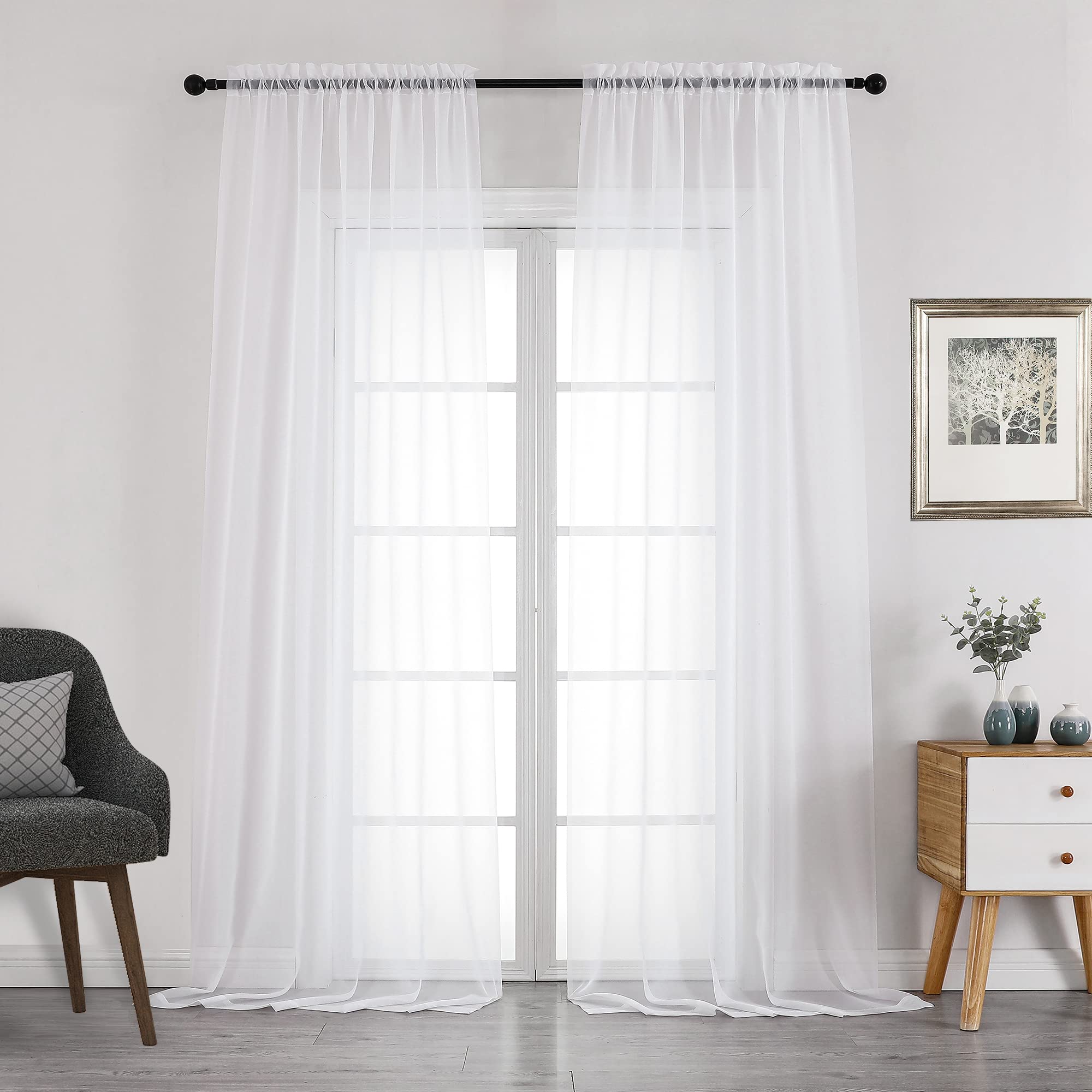 White Sheer Curtains 108 Inch Length 2 Panels Set