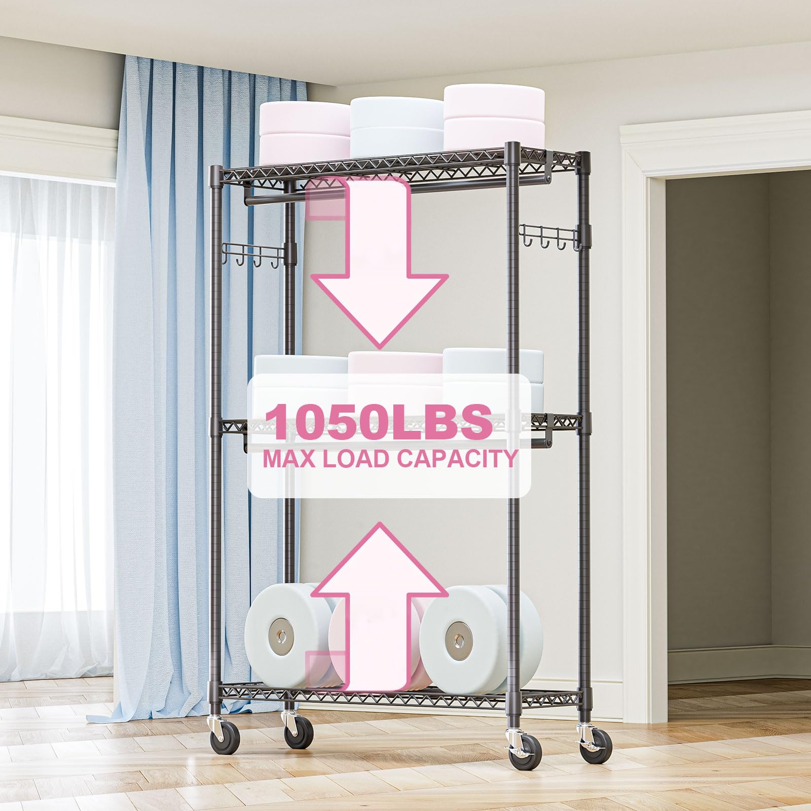 Heavy Duty Rolling Garment Rack 3 Tiers Adjustable Wire Shelving Clothes Rack with 2 Rods and Side Hooks