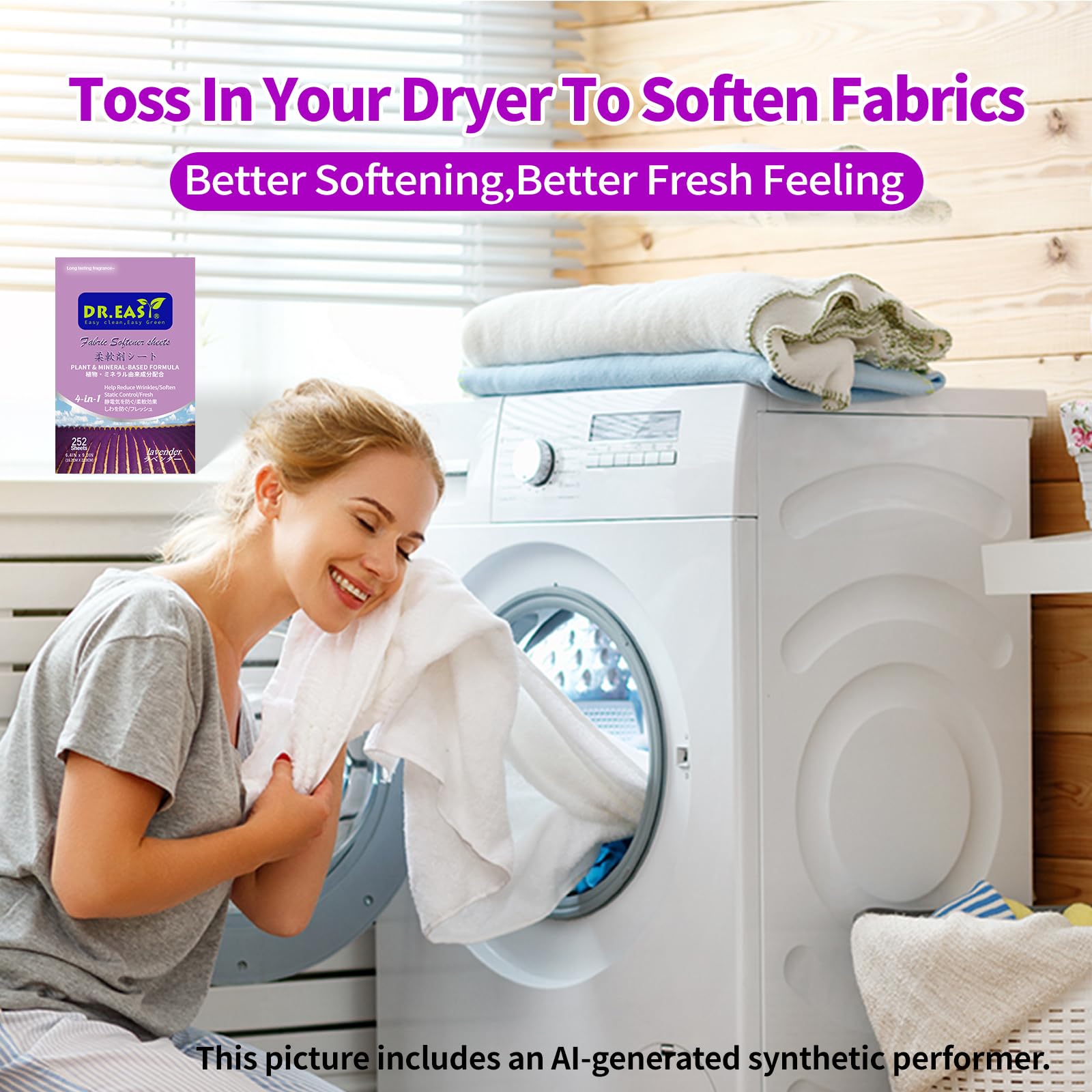 DR.EASY Dryer Sheets Plant Based Formula 252 Ct Fabric Softener sheets for Laundry Lavender Essential Oil Scented No Artificial Fragrances No Dyes Reduce Static & Wrinkles Help Repel Pet Hair (252 Count)