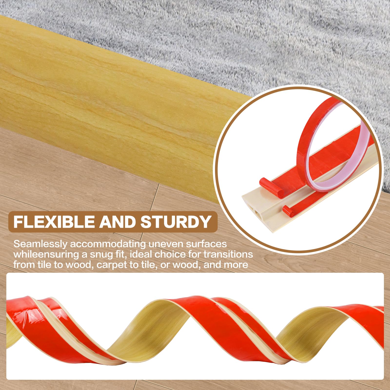 Floor Transition Strip Vinyl Door Threshold Ramp Self Adhesive Carpet Edging Strip Doorway Edge Trim (6.6 Foot)
