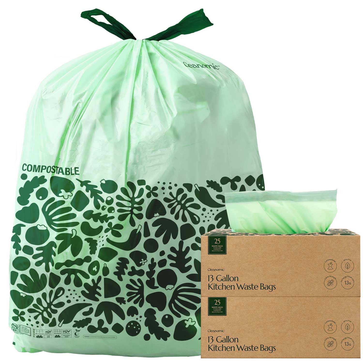 Compostable* 13 Gallon Waste Bags with Drawstring (50 Count)