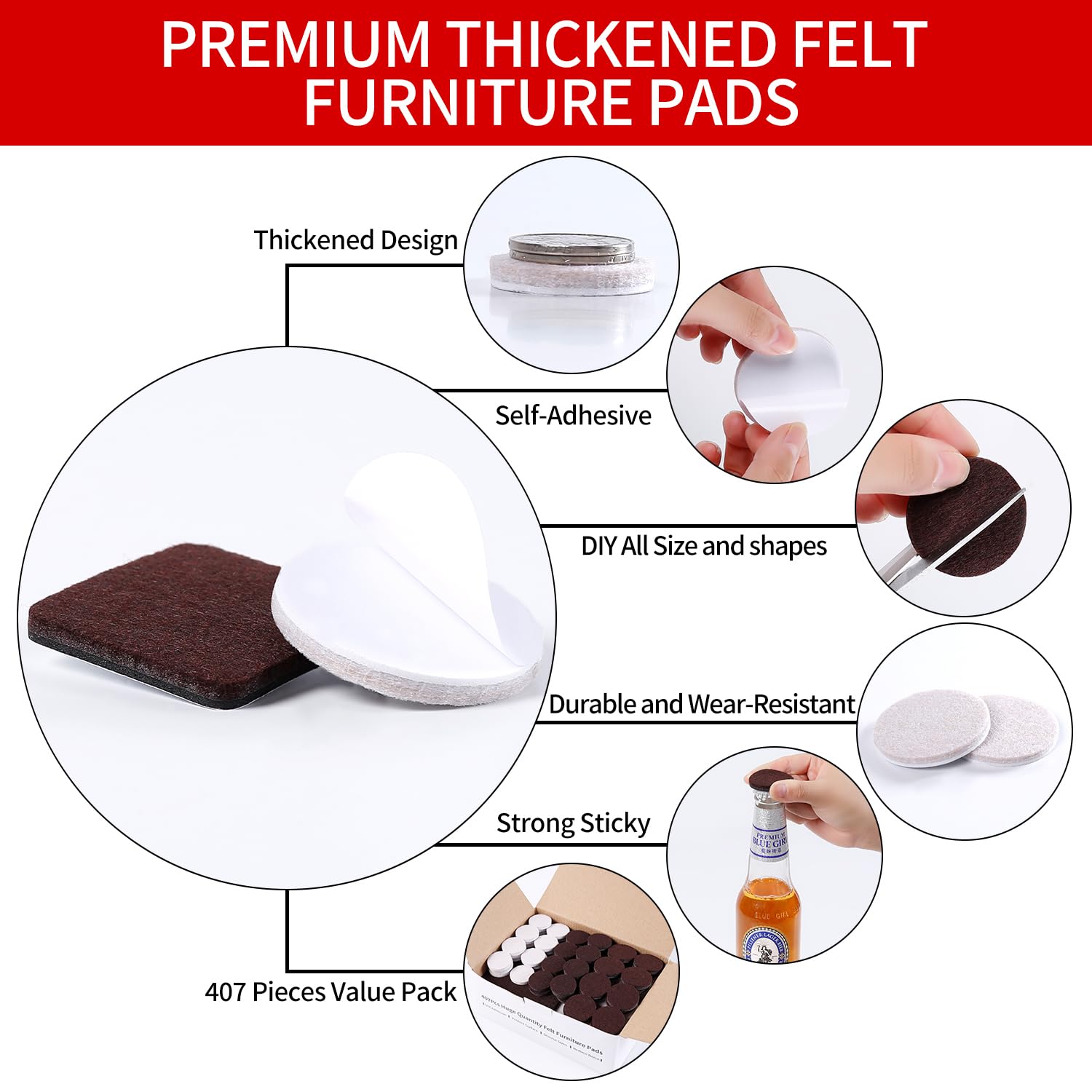 407Pcs Felt Chair Leg Pads Floor Protectors for Hardwoods Floors