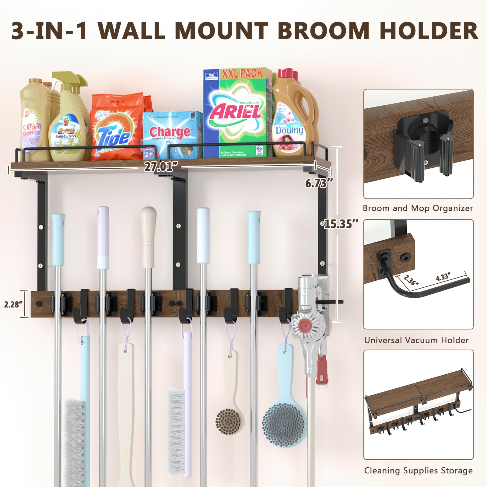 Broom and Mop Organizer Wall Hanging with Cleaning Supplies Organizer