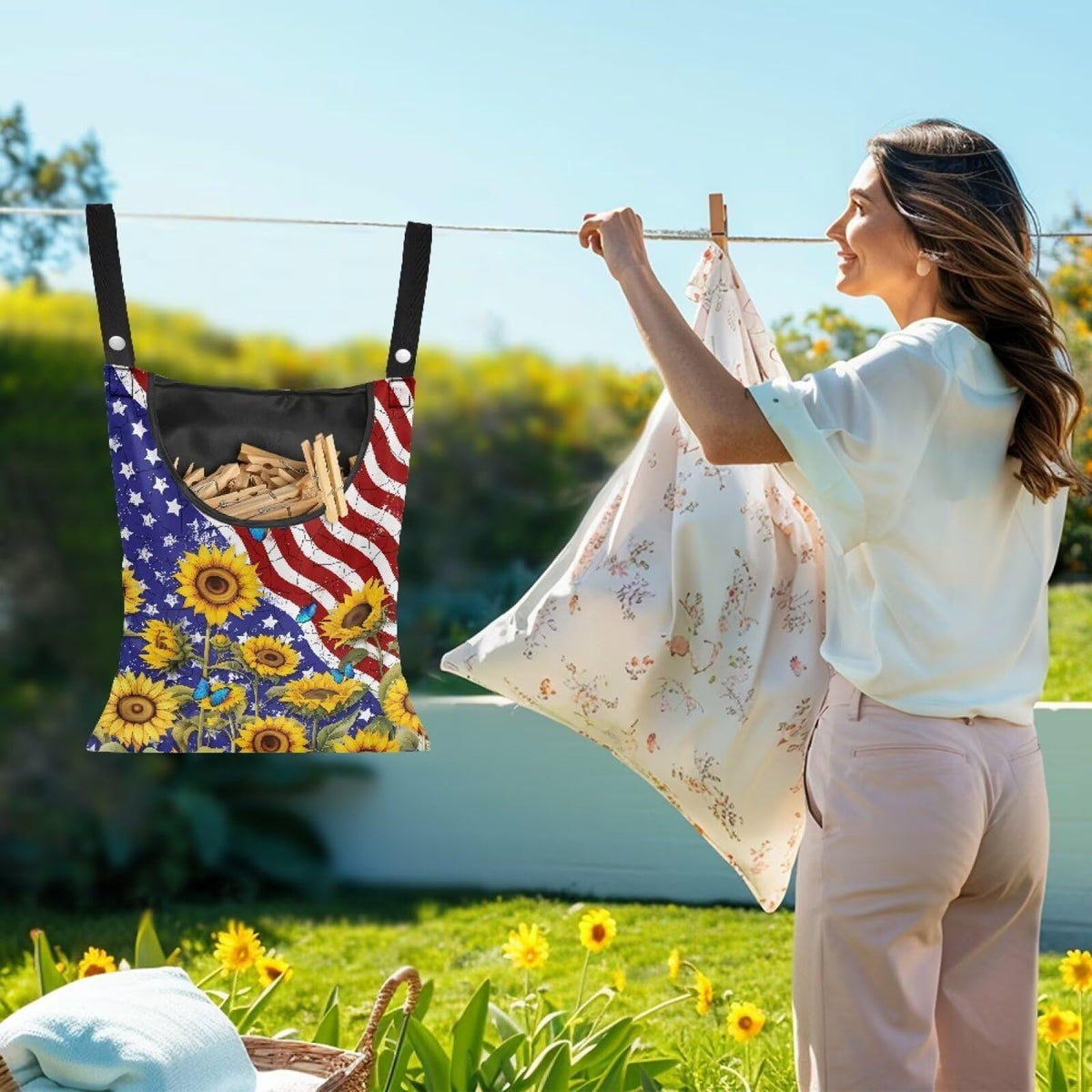 American Flag Clothespin Bags Sunflower Laundry Hanging Storage Organizer Clothes Pin Hanging Bags with Rope Clothespin Holder with an Space