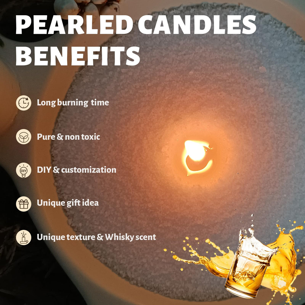 Whisky Scented White Pearled Candle 18oz Luxury Sand Candle Granulated Wax (18 Ounce)