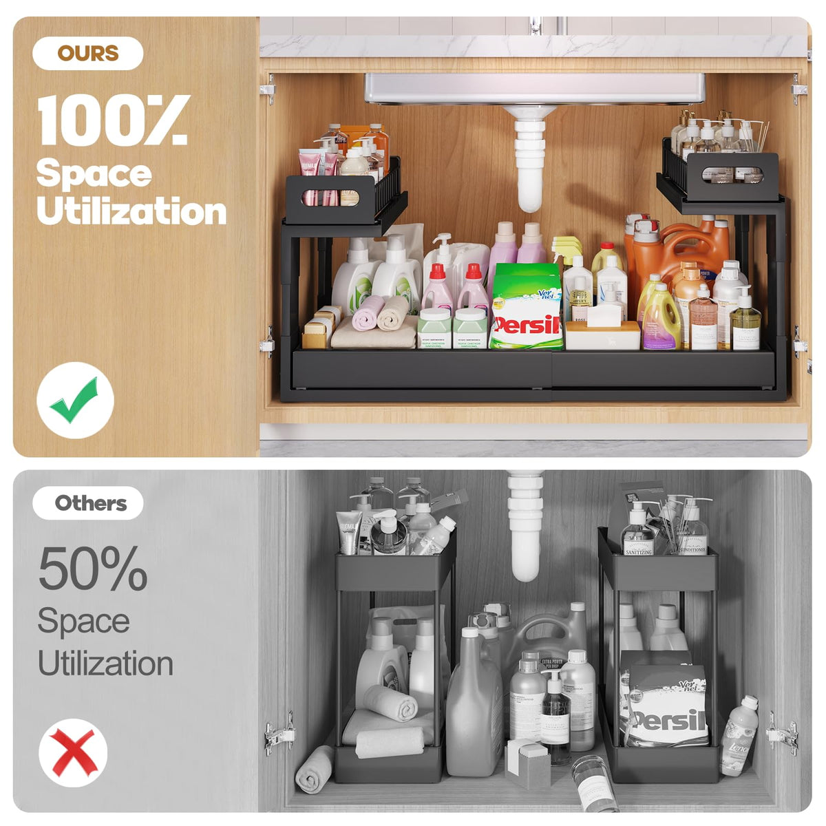 1 Pack-19"-32"W Expandable Under Sink Organizer With Upgrade Ball-Bearing Slide,2-Tier Pull Out Under Cabinet Organizer Height Adjustable,Not Suitable For Cabinets With Partitions In The Middle