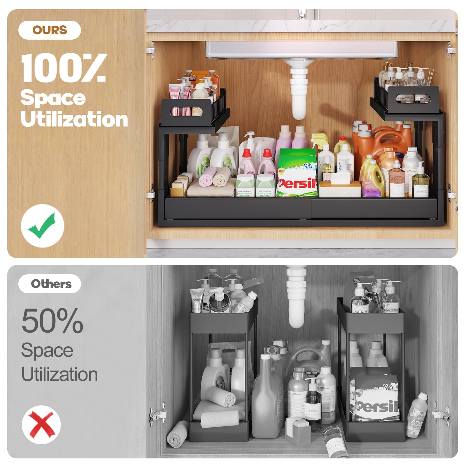 1 Pack-19"-32"W Expandable Under Sink Organizer With Upgrade Ball-Bearing Slide,2-Tier Pull Out Under Cabinet Organizer Height Adjustable,Not Suitable For Cabinets With Partitions In The Middle