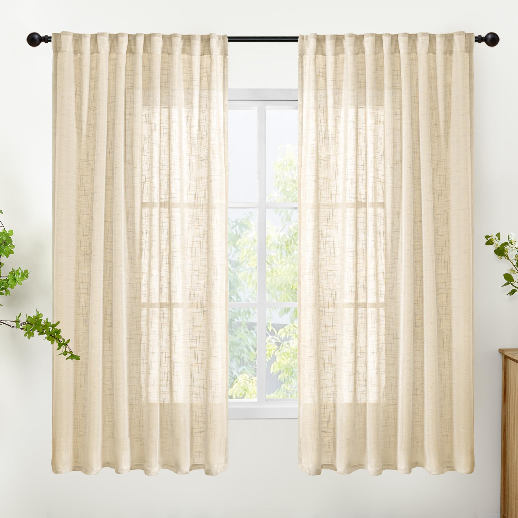 Natural Linen Semi Sheer Curtains 52X63 Inch Length 2 Panels (2 Count)